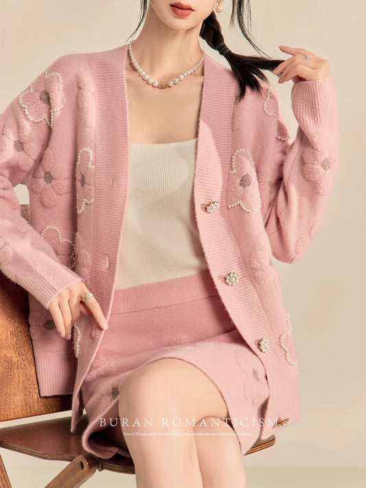 BURAN 2024 new French high-end pink flower knitted cardigan hip-covering short skirt small fragrant suit autumn