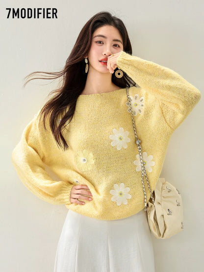 La Chapelle 7M 2025 Autumn Temperament Hot Diamond Flower Design Loose Pullover Long Sleeve Knitted Sweater Tops for Women