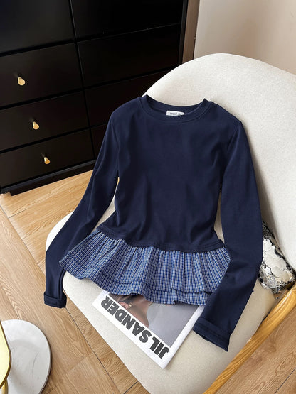 Keep it for yourself! Slim fit plaid stitching navy blue long-sleeved bottoming shirt T-shirt top