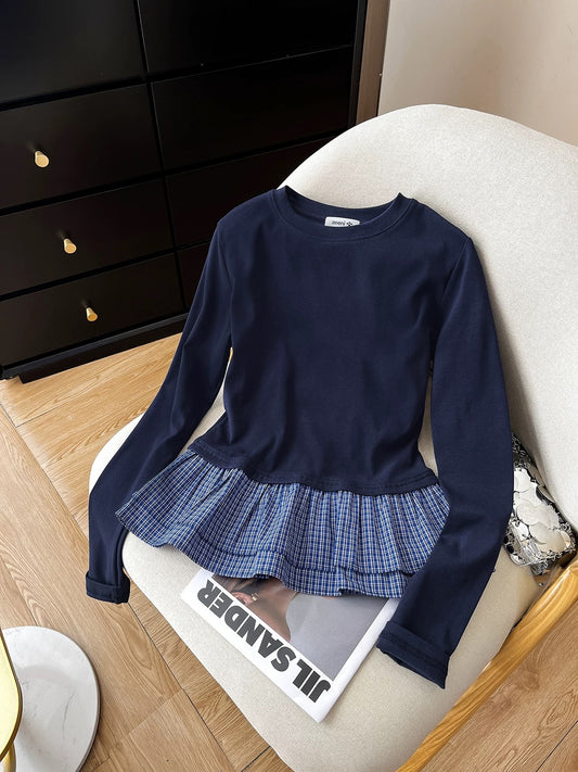 Keep it for yourself! Slim fit plaid stitching navy blue long-sleeved bottoming shirt T-shirt top