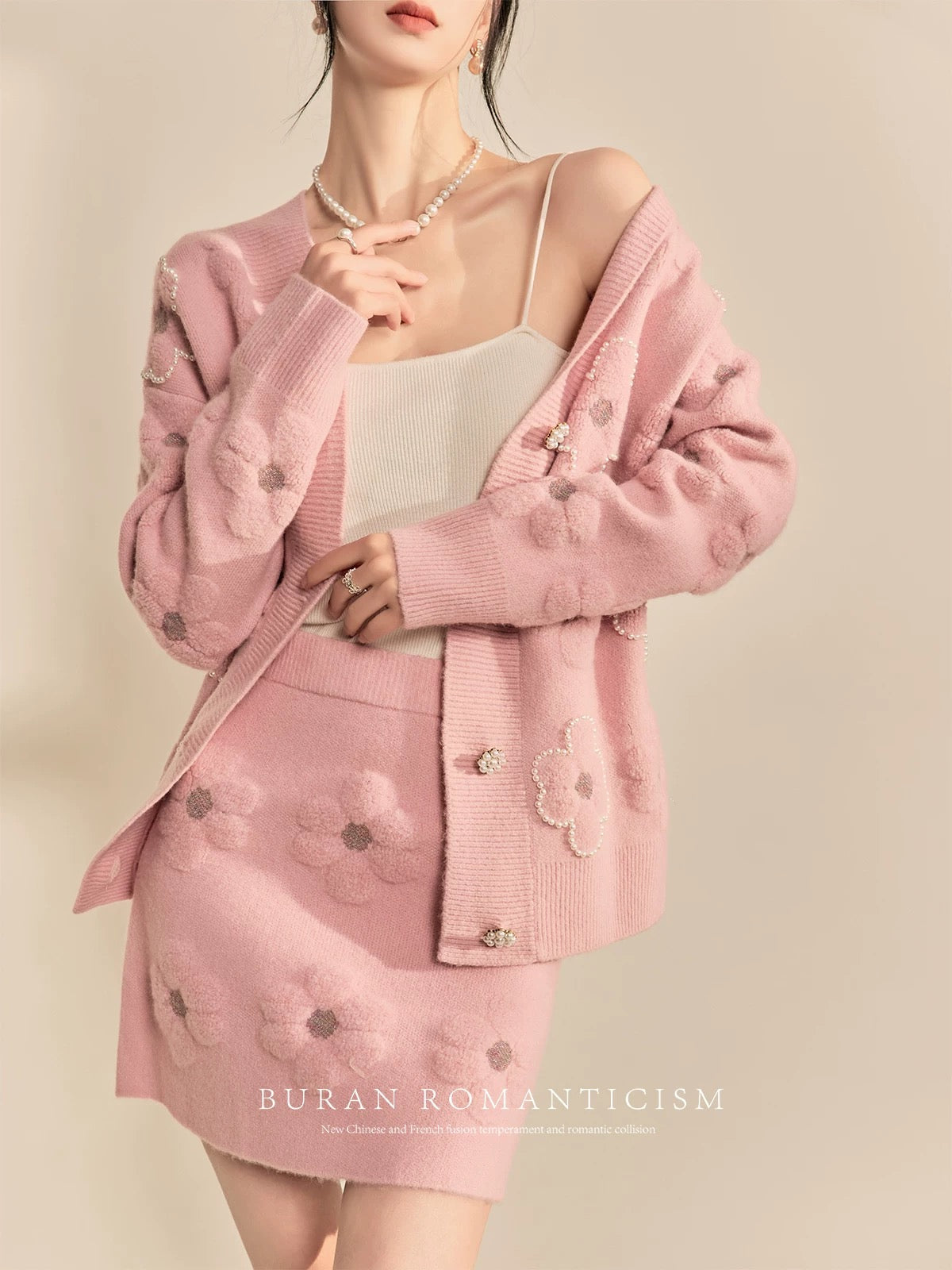 BURAN 2024 new French high-end pink flower knitted cardigan hip-covering short skirt small fragrant suit autumn