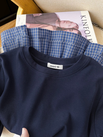 Keep it for yourself! Slim fit plaid stitching navy blue long-sleeved bottoming shirt T-shirt top