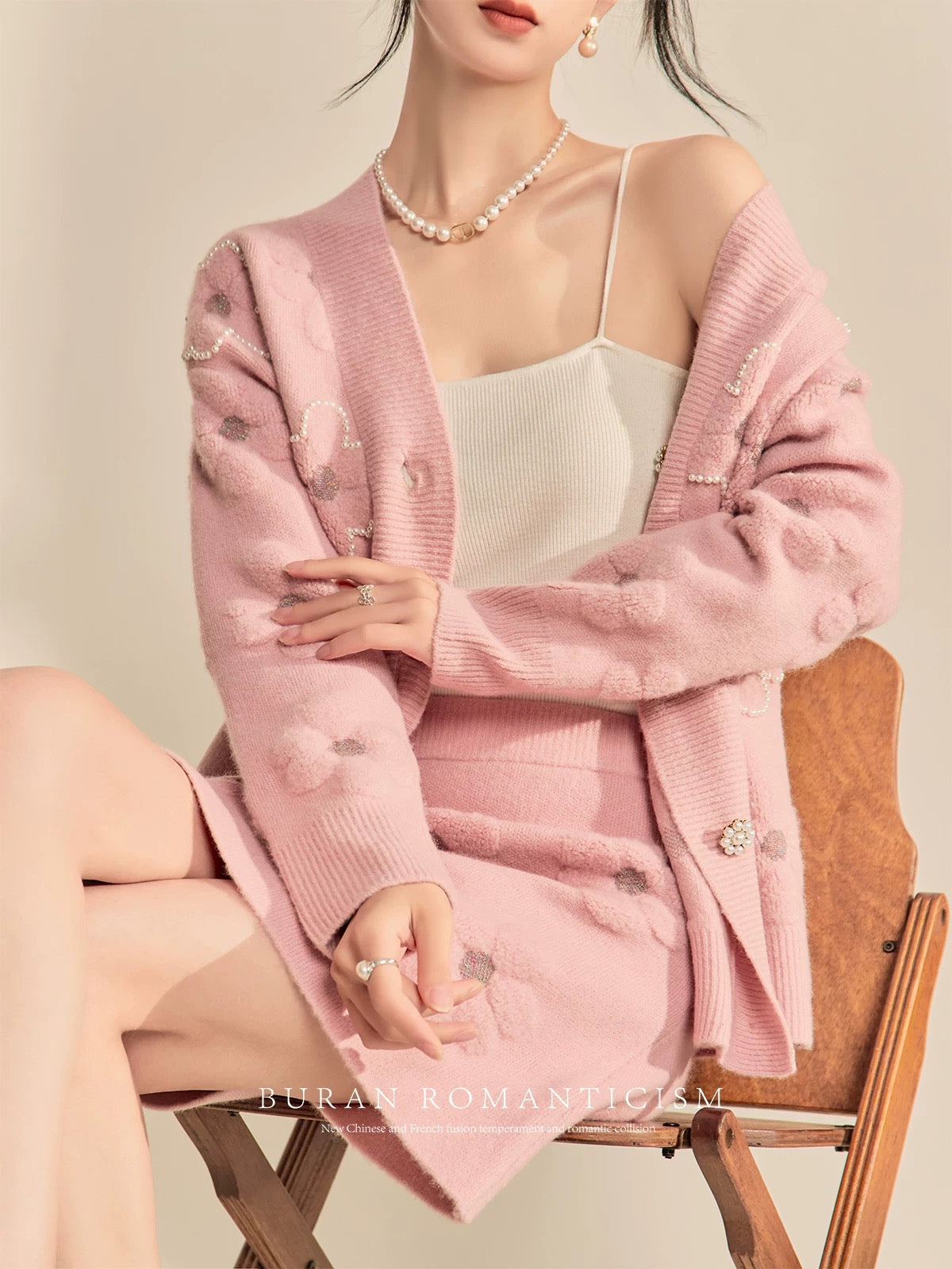 BURAN 2024 new French high-end pink flower knitted cardigan hip-covering short skirt small fragrant suit autumn