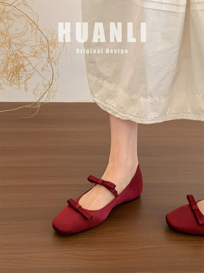 3CM hidden heel height ~ French soft sole bow low-cut Mary Jane shoes for women, spring and autumn ballet slip-on shoes