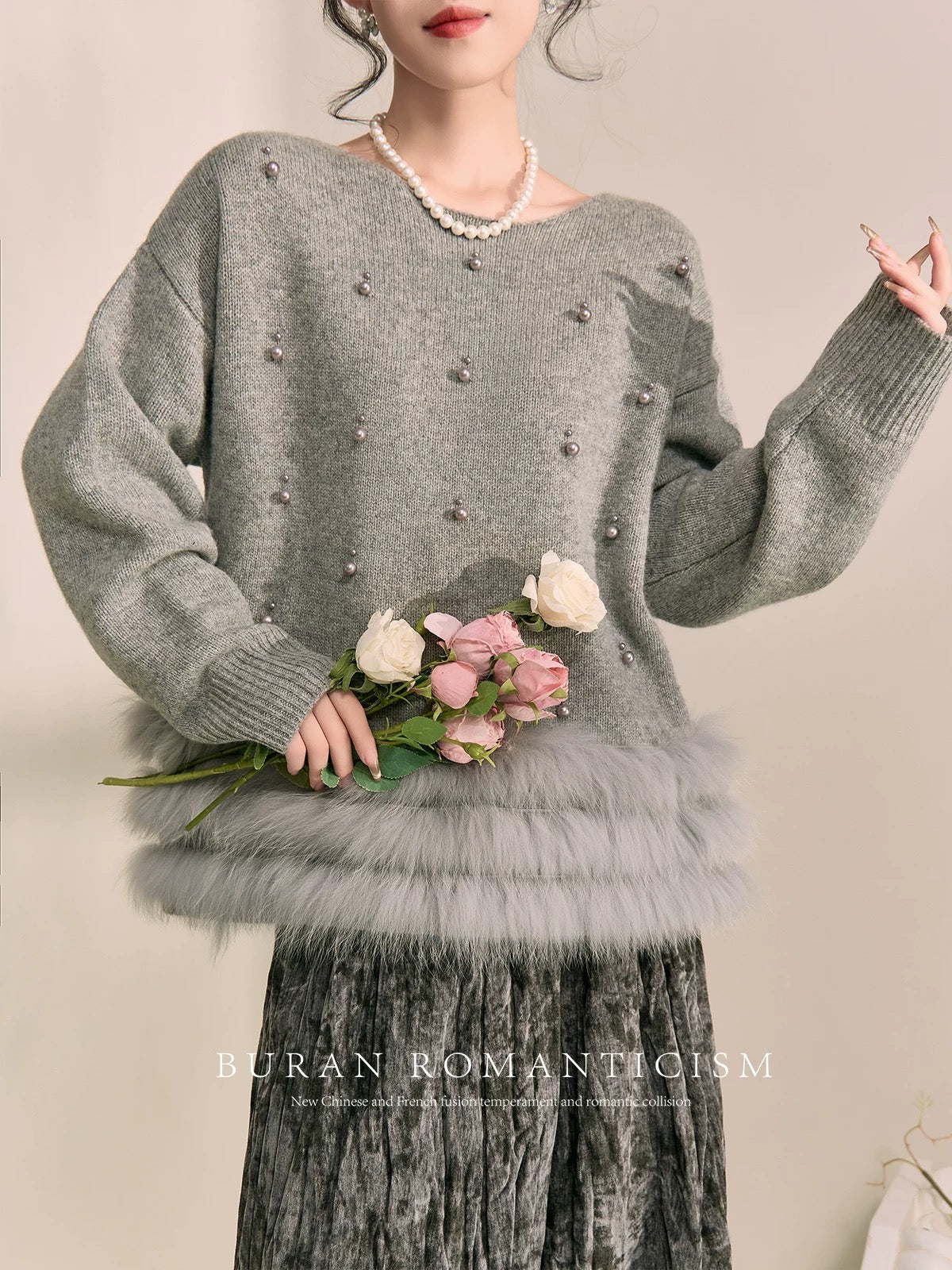 BURAN winter outfit, a complete set of high-end seasonal gray light luxury heavy-duty beaded sweater elastic pleated skirt