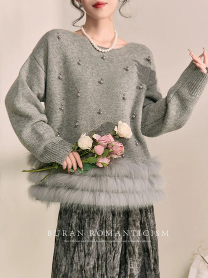 BURAN winter outfit, a complete set of high-end seasonal gray light luxury heavy-duty beaded sweater elastic pleated skirt