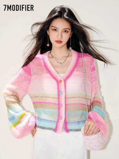 La Chapelle 7M2025 autumn Korean fashion rainbow striped V-neck single-breasted long-sleeved knitted sweater top