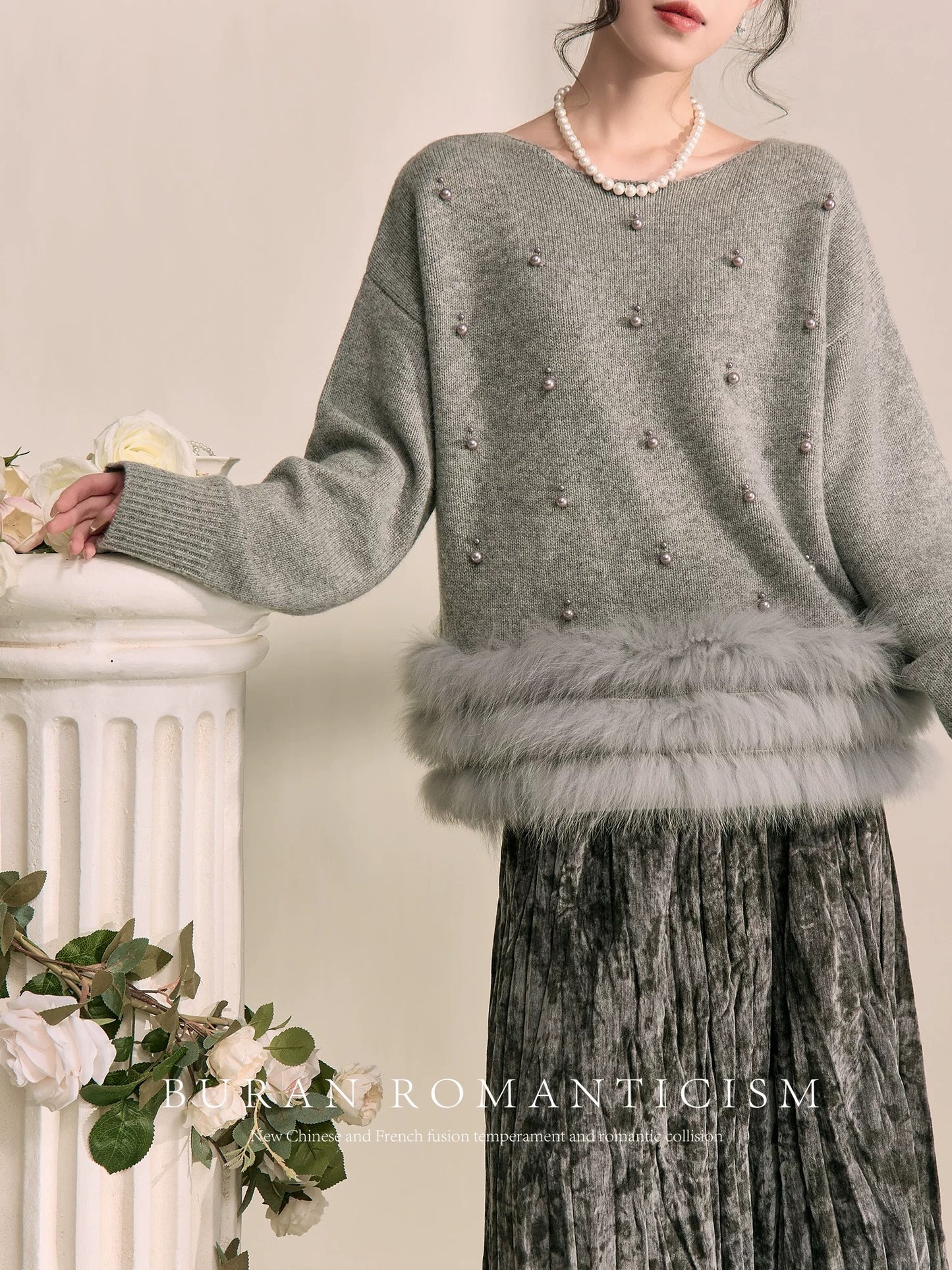 BURAN winter outfit, a complete set of high-end seasonal gray light luxury heavy-duty beaded sweater elastic pleated skirt