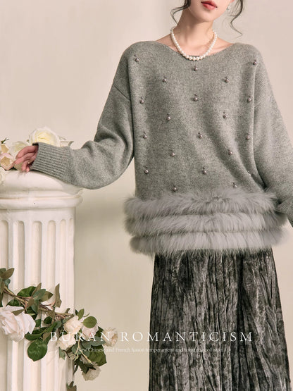BURAN winter outfit, a complete set of high-end seasonal gray light luxury heavy-duty beaded sweater elastic pleated skirt