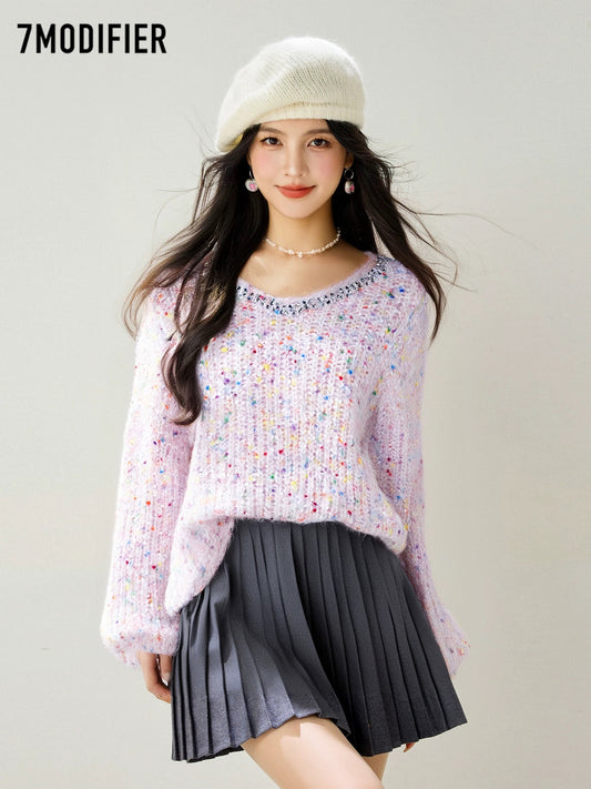 La Chapelle 7M 2025 Autumn High-end Rainbow Dot Design Hot Diamond V-neck Long-sleeved Knitted Top