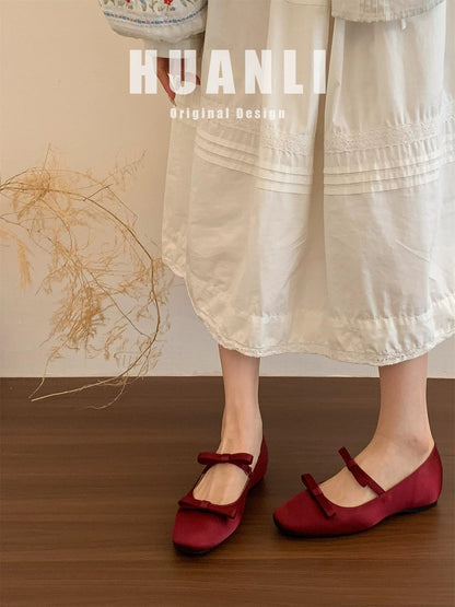 3CM hidden heel height ~ French soft sole bow low-cut Mary Jane shoes for women, spring and autumn ballet slip-on shoes