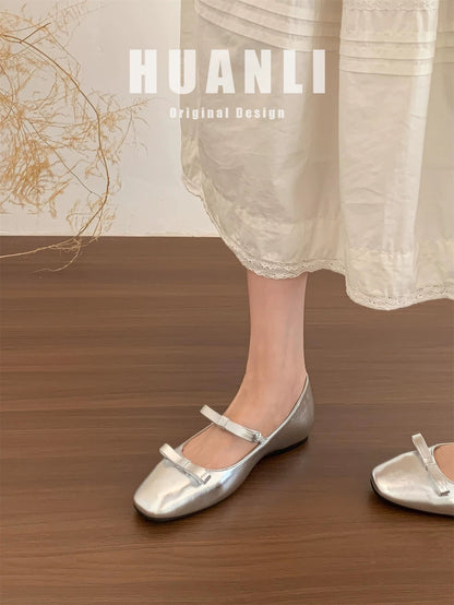 3CM hidden heel height ~ French soft sole bow low-cut Mary Jane shoes for women, spring and autumn ballet slip-on shoes