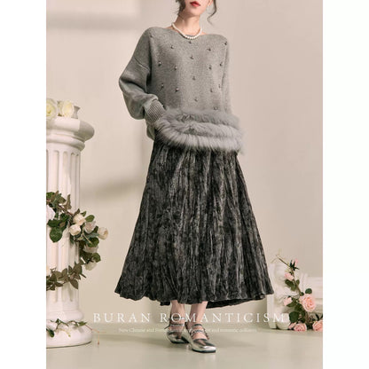BURAN winter outfit, a complete set of high-end seasonal gray light luxury heavy-duty beaded sweater elastic pleated skirt