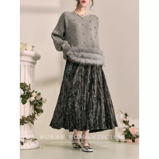 BURAN winter outfit, a complete set of high-end seasonal gray light luxury heavy-duty beaded sweater elastic pleated skirt