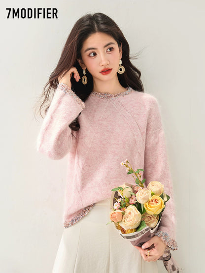 La Chapelle 7M2025 autumn Korean style temperament lace stitching round neck pullover long sleeve sweater top women