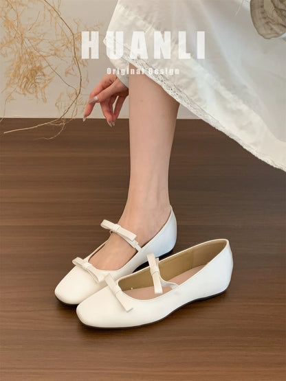 3CM hidden heel height ~ French soft sole bow low-cut Mary Jane shoes for women, spring and autumn ballet slip-on shoes
