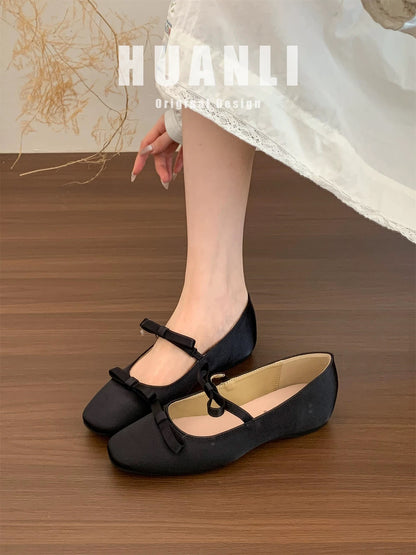 3CM hidden heel height ~ French soft sole bow low-cut Mary Jane shoes for women, spring and autumn ballet slip-on shoes