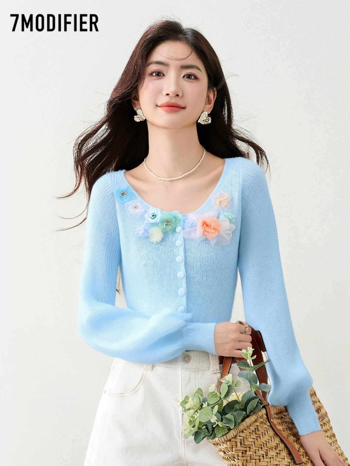 La Chapelle 7M2025 autumn gentle temperament three-dimensional flower design single-breasted long-sleeved knitted sweater top