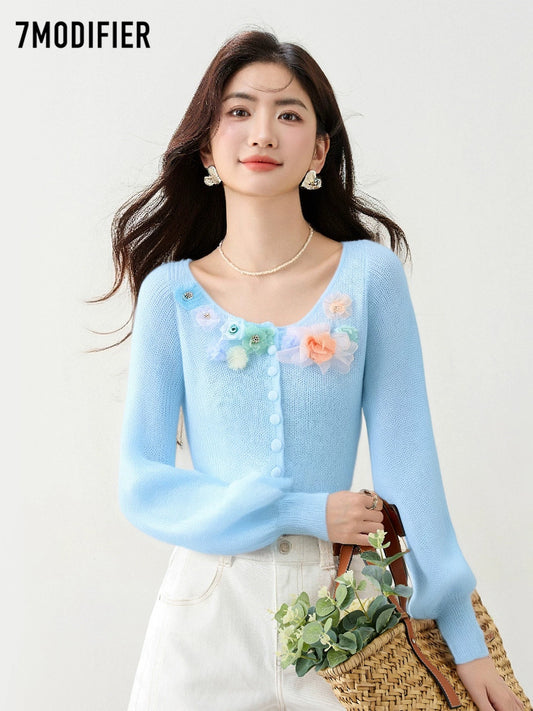 La Chapelle 7M2025 autumn gentle temperament three-dimensional flower design single-breasted long-sleeved knitted sweater top