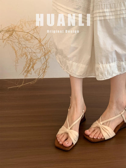 Huanli "6CM Wedge Heel" French Retro Square Toe Strappy High-Heeled Sandals for Women, Summer Outerwear Fairy Sandals
