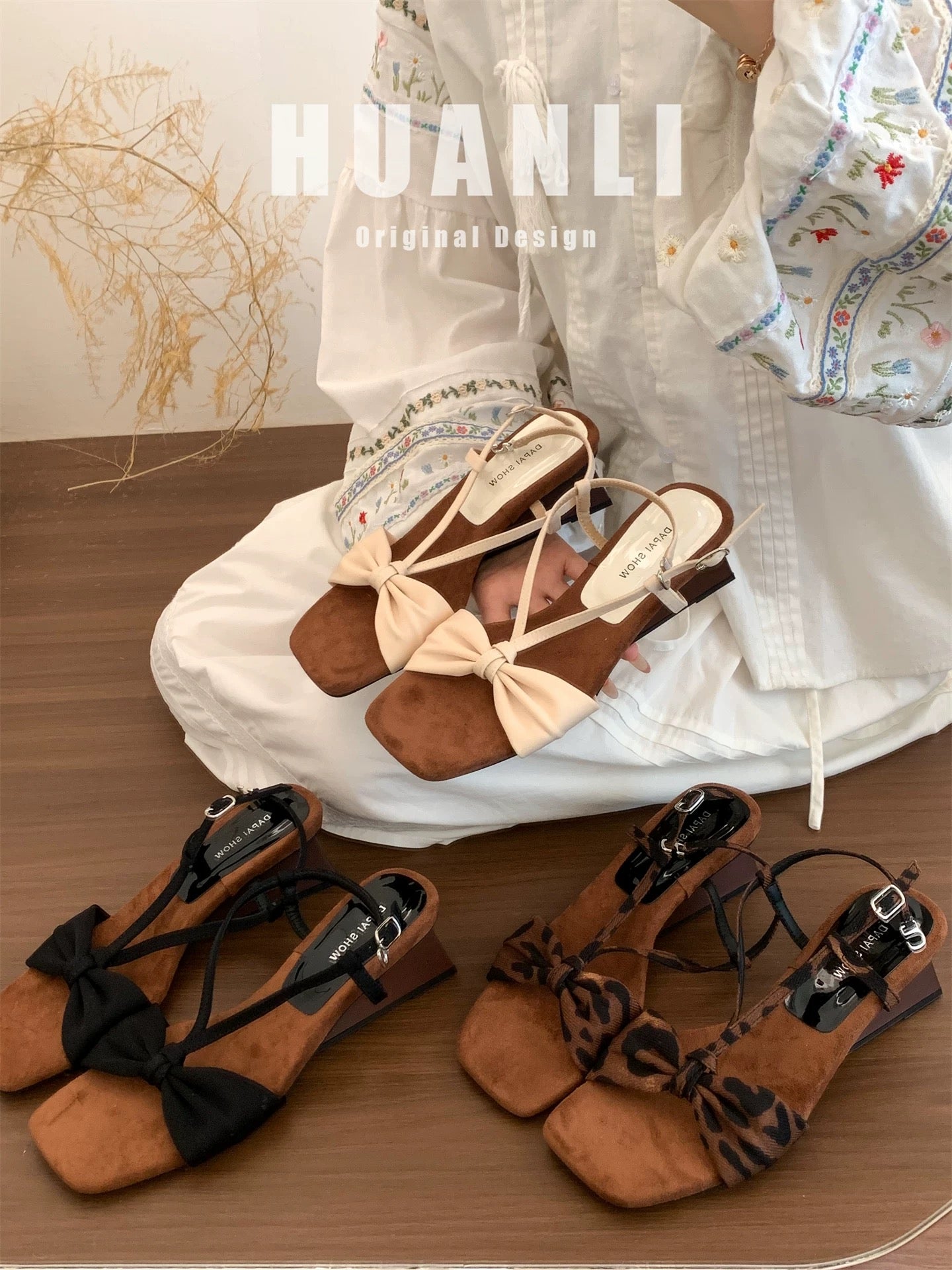 Huanli "6CM Wedge Heel" French Retro Square Toe Strappy High-Heeled Sandals for Women, Summer Outerwear Fairy Sandals