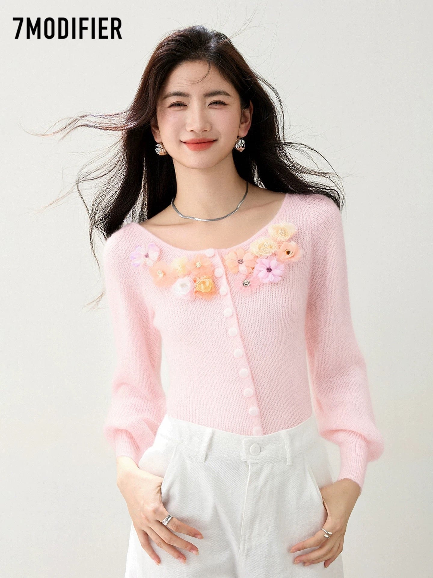 La Chapelle 7M2025 autumn gentle temperament three-dimensional flower design single-breasted long-sleeved knitted sweater top