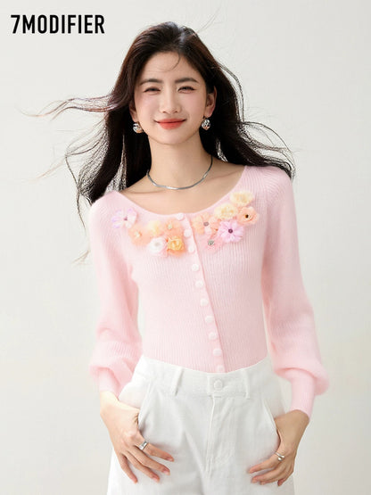 La Chapelle 7M2025 autumn gentle temperament three-dimensional flower design single-breasted long-sleeved knitted sweater top