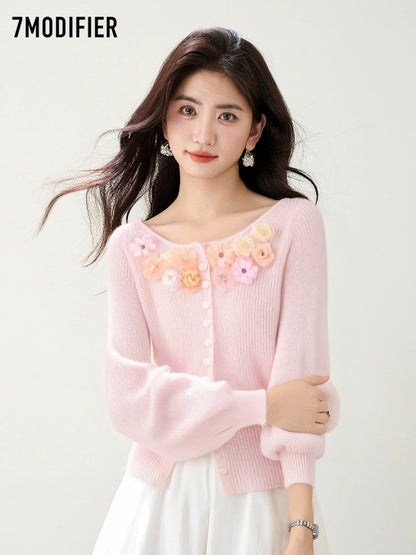 La Chapelle 7M2025 autumn gentle temperament three-dimensional flower design single-breasted long-sleeved knitted sweater top