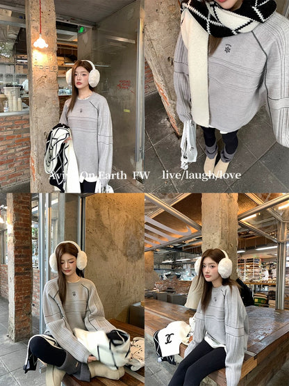Earth Store Korean style gray embroidered sweater embroidered warm sweater for women autumn and winter old money style sweatshirt top inner wear