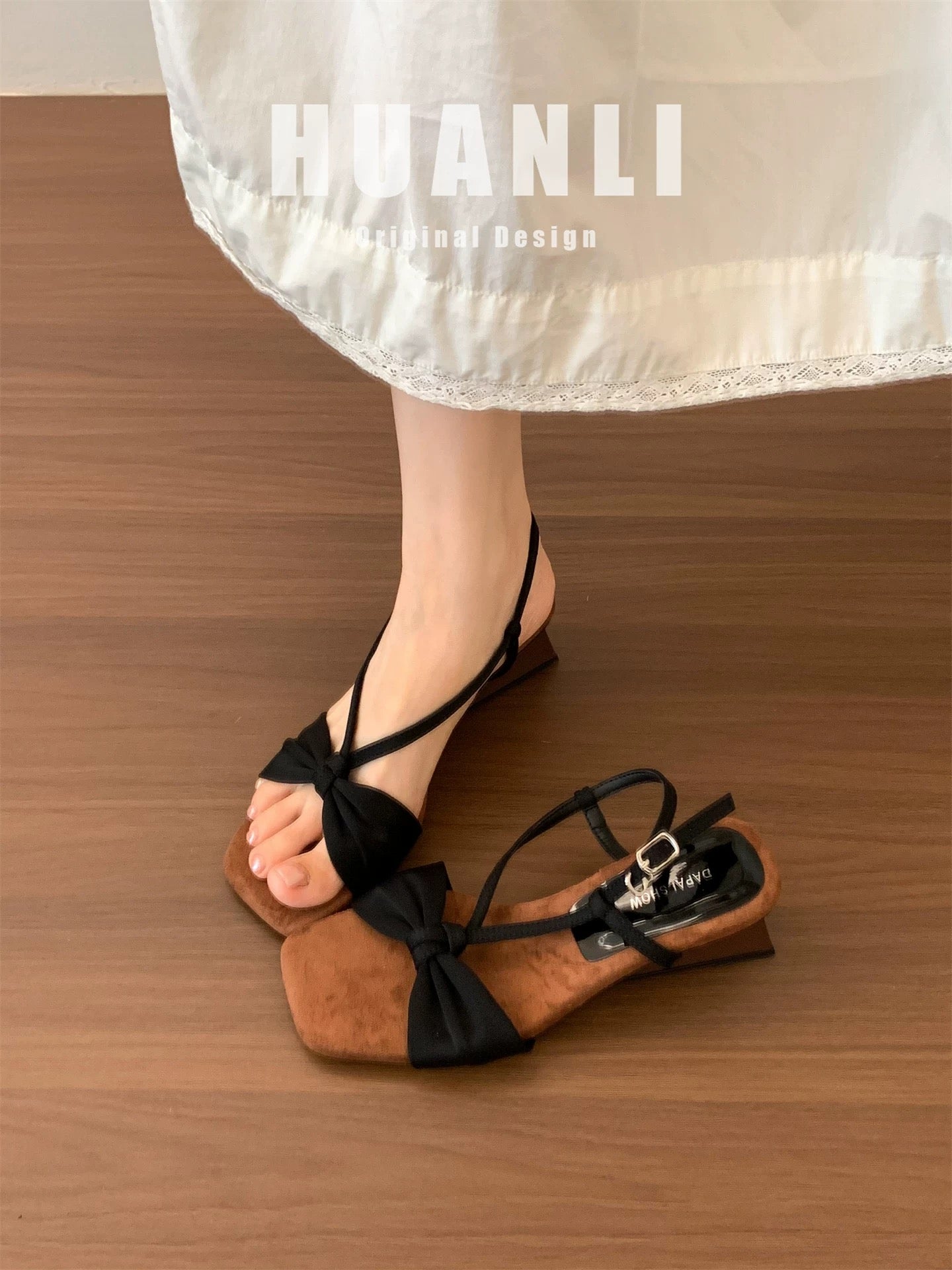 Huanli "6CM Wedge Heel" French Retro Square Toe Strappy High-Heeled Sandals for Women, Summer Outerwear Fairy Sandals