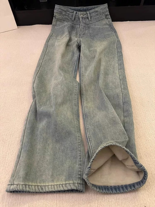 Recommended for self-retention! Zero sense of restraint! Plush and thickened design straight jeans for women in autumn and winter, large size for fat girls