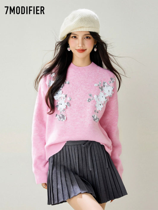 La Chapelle 7M2025 autumn high-end three-dimensional flower sequin design round neck long-sleeved knitted sweater top