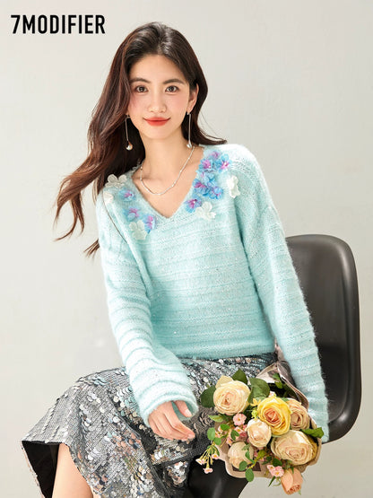 La Chapelle 7M2025 autumn Korean style temperament three-dimensional flower V-neck pullover long-sleeved knitted sweater top for women