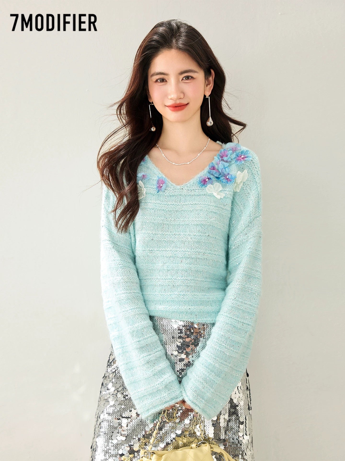 La Chapelle 7M2025 autumn Korean style temperament three-dimensional flower V-neck pullover long-sleeved knitted sweater top for women