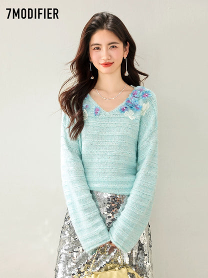 La Chapelle 7M2025 autumn Korean style temperament three-dimensional flower V-neck pullover long-sleeved knitted sweater top for women