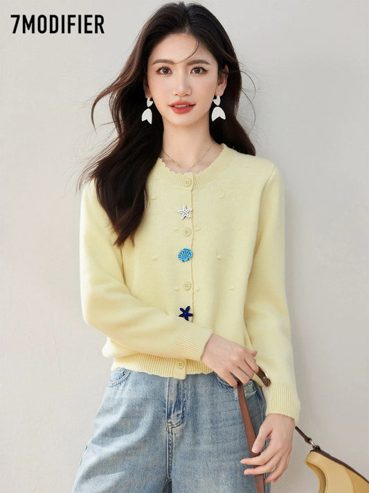 La Chapelle 7M2025 autumn fashion all-match three-dimensional button cardigan slim temperament long-sleeved knitted sweater for women