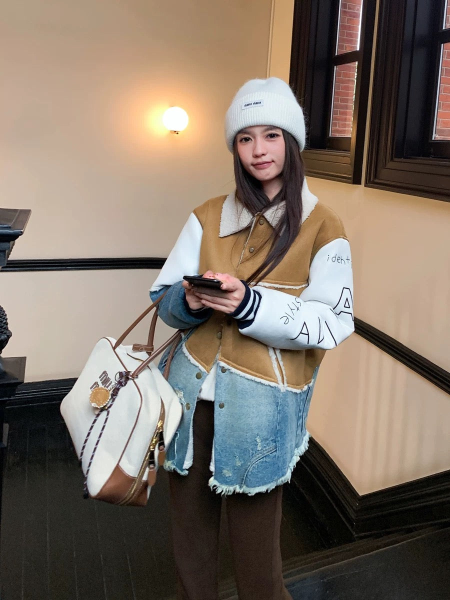 Earth Store spliced hole tassel plus cashmere denim jacket for women winter lapel embroidered design cardigan