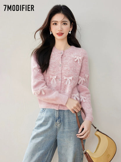 La Chapelle 7M2025 Autumn Sweet Bowknot Long Sleeve Knitted Sweater Round Neck Single-Breasted Cardigan Top Women