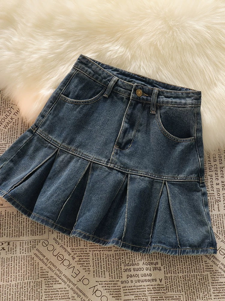 Four seasons all-match king ~ high waist denim skirt for women in summer, small design, pleated skirt, slim A-line short skirt