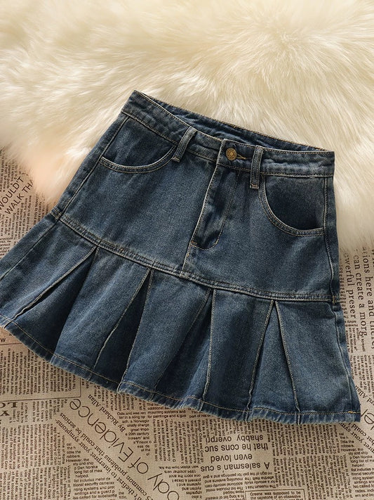 Four seasons all-match king ~ high waist denim skirt for women in summer, small design, pleated skirt, slim A-line short skirt