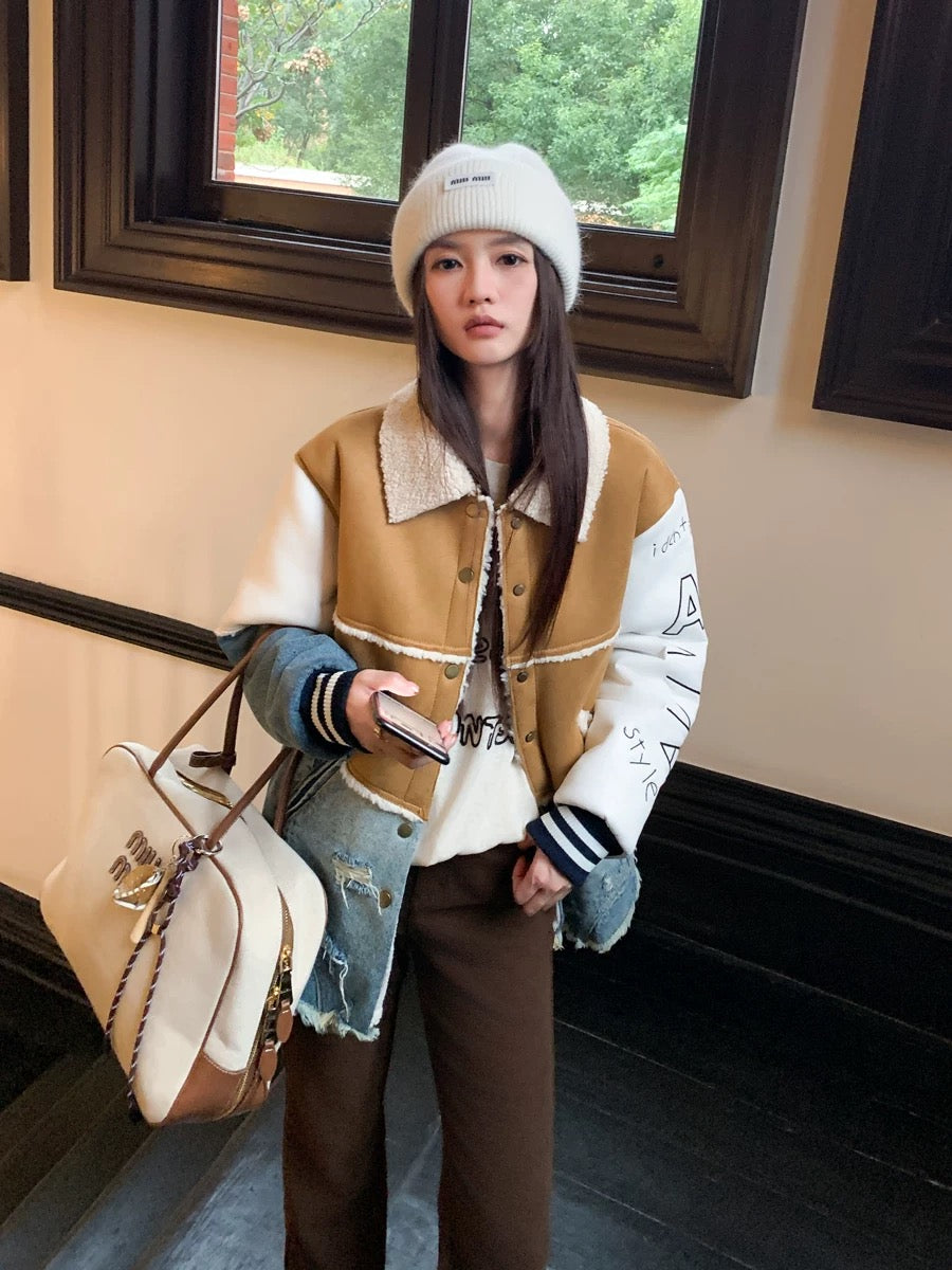 Earth Store spliced hole tassel plus cashmere denim jacket for women winter lapel embroidered design cardigan