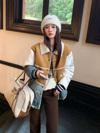 Earth Store spliced hole tassel plus cashmere denim jacket for women winter lapel embroidered design cardigan