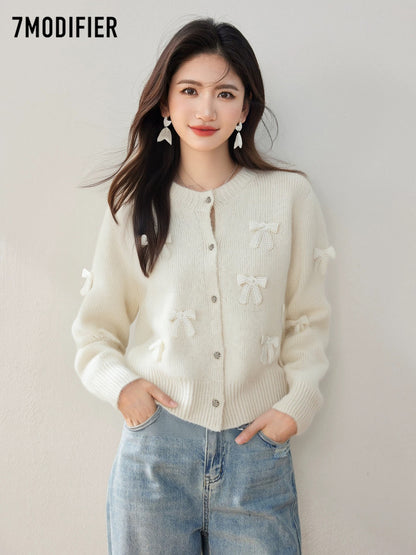 La Chapelle 7M2025 Autumn Sweet Bowknot Long Sleeve Knitted Sweater Round Neck Single-Breasted Cardigan Top Women