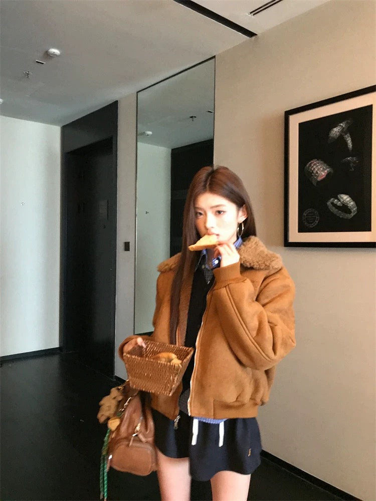 Earth Store miu style hot style American brown suede sherpa retro Maillard thick coat for women in autumn and winter