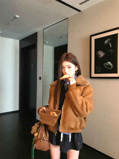 Earth Store miu style hot style American brown suede sherpa retro Maillard thick coat for women in autumn and winter