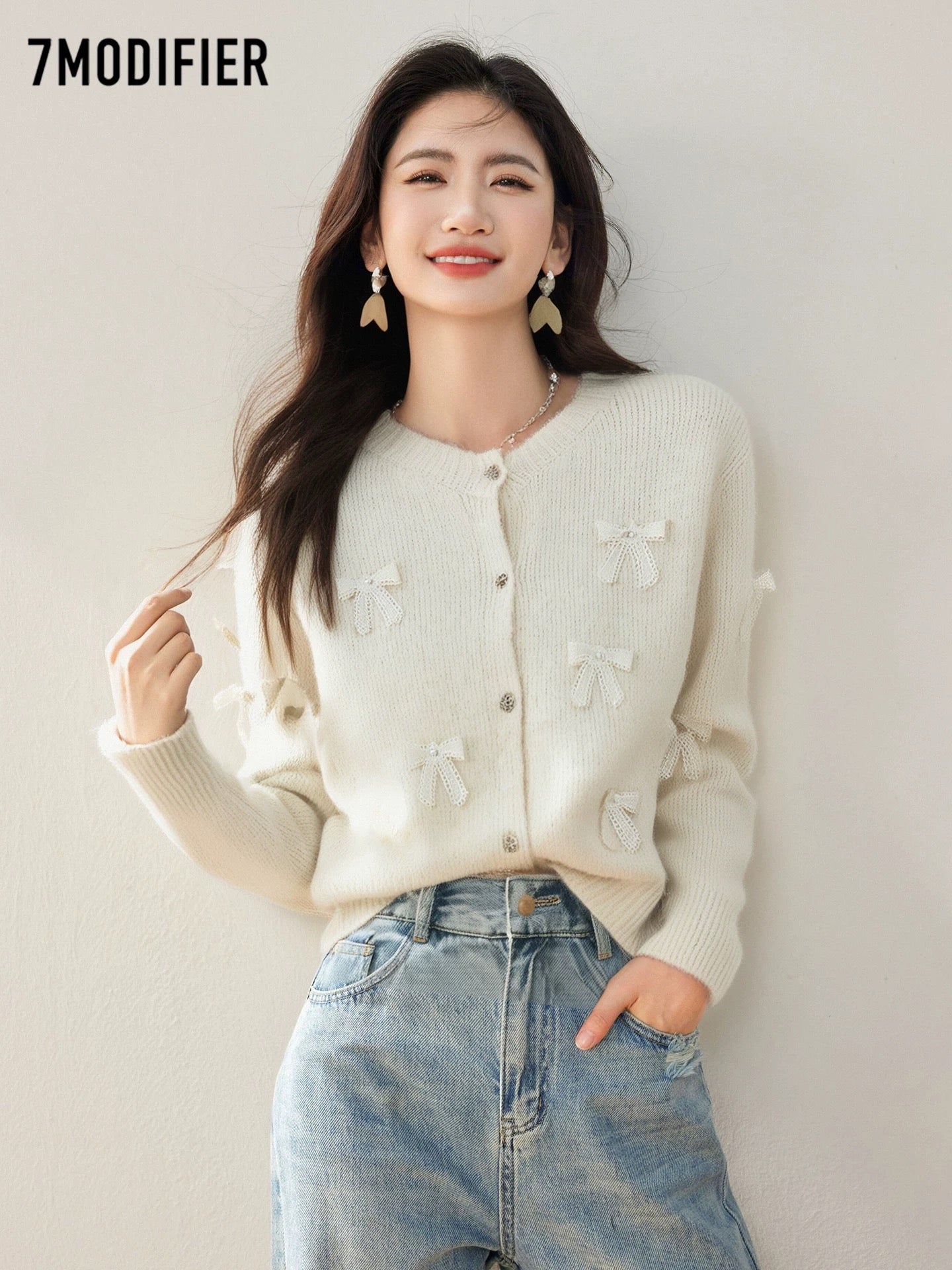La Chapelle 7M2025 Autumn Sweet Bowknot Long Sleeve Knitted Sweater Round Neck Single-Breasted Cardigan Top Women