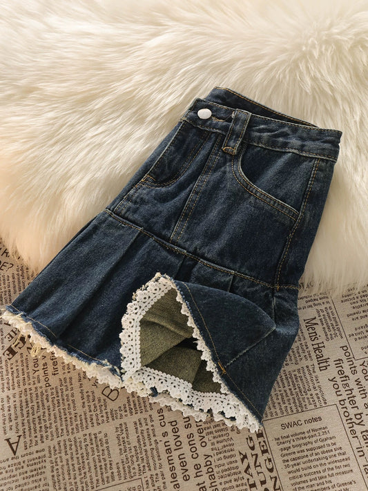 [Free shipping insurance] 2025 new denim skirt for women high waist lace splicing hot girl pleated A-line skirt