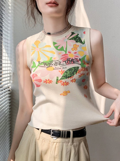 Dopamine graffiti flower print letter knitted vest women's summer fashion niche foreign style sleeveless bottoming shirt trend
