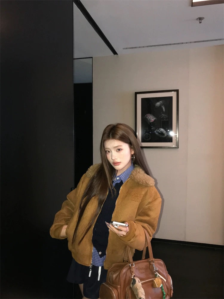 Earth Store miu style hot style American brown suede sherpa retro Maillard thick coat for women in autumn and winter