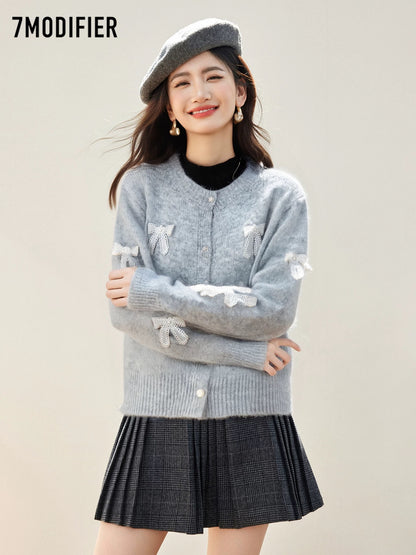 La Chapelle 7M2025 Autumn Sweet Bowknot Long Sleeve Knitted Sweater Round Neck Single-Breasted Cardigan Top Women